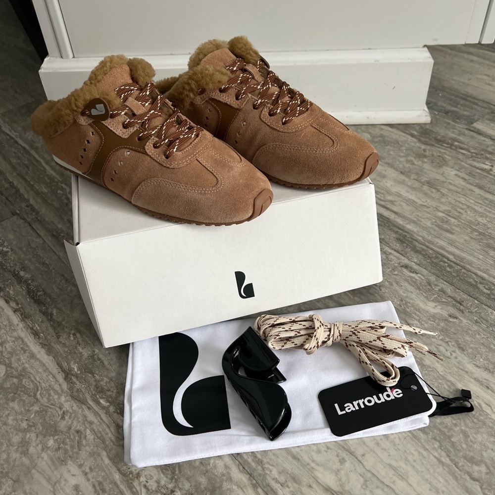 Larroude Stella Tan Suede Sneaker Mules with Shearling Lining